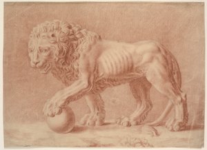Lion tourné vers la gauche avec sa patte gauche sur un globe