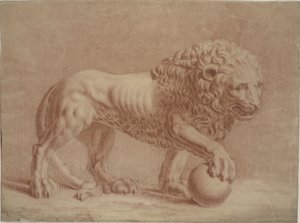 Lion tourné vers la droite avec sa patte droite sur un globe
