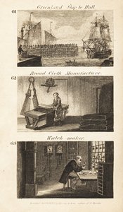 Métiers en Angleterre de la Régence : navire du Groenland à Hull, fabrication de drap et horloger