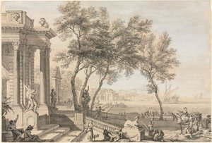 Scène de port fantastique avec architecture et figures, 1713