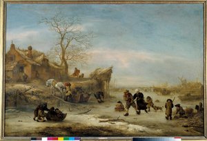 Canal gelé avec patinage en couple Peinture par Isaak Van Ostade (1621-1649). 17ème siècle