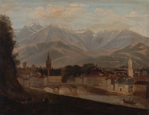 Vue de Grenoble, la chaîne de montagnes de Belledonne en arrière-plan 1831