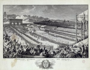 Révolution française : vue de la fête de la Fédération générale des départements français au Champ de Mars à Paris le 14/07/1791. Illustration d