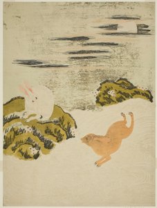 Lièvres jouant dans les vagues sous une nuit de pleine lune - Isoda Koryusai