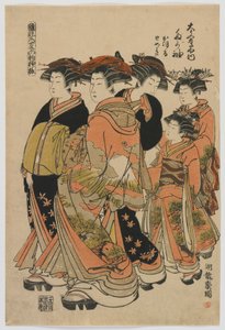Modèles de mode : nouveaux designs comme de jeunes feuilles fraîches : la courtisane Tagasode de Daimonjiya avec Katsuru, Tomeki et leurs servantes, période Edo, 1778-80 (impression sur bois en couleur)