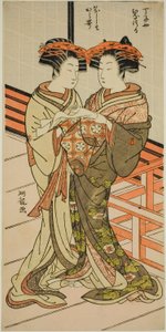 Les Courtisanes Hinazuru et Karauta du Chojiya tenant une lettre - Isoda Koryusai