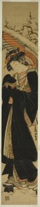 Jeune femme avec parapluie marchant dans la neige - Isoda Koryusai