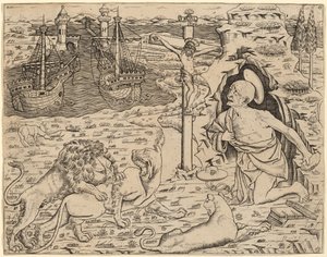 Saint Jérôme en Pénitence, avec Deux Navires dans un Port - Italian 15th Century