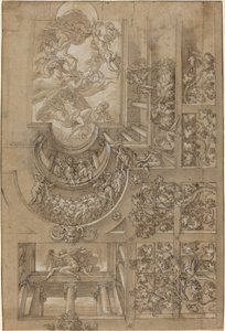Plafond illusionniste avec une tonnelle de raisin, des figures sur des galeries et une scène centrale des dieux olympiens