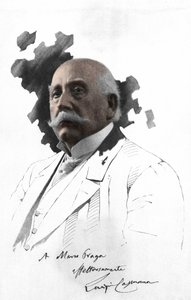 Portrait de Luigi Capuana (1839-1915) écrivain italien. Photographie collée sur dessin avec dédicace de Marco Praga. Milanais