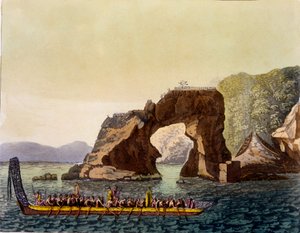 Point de vue fortifié maori en Nouvelle-Zélande, combiné avec une pirogue de guerre maorie, années 1820-30 - Italian School