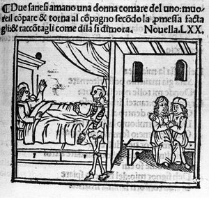 Un homme amoureux de la femme de son ami le remplace dans le foyer conjugal à sa mort. Illustration pour la nouvelle 70 (Nouvelle 10 du sixième jour) du « Décaméron » de Giovanni Boccaccio dit Jean Boccaccio (1313-1375), écrivain italien. Gravure dans « Dé