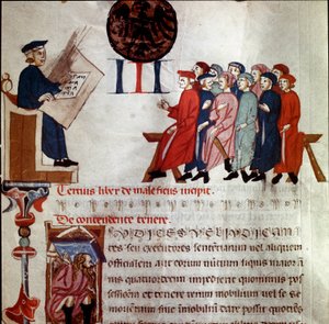 Un homme de pouvoir tenant assemblé (détail). Miniature tirée de « Breve Populi et Compagniarum Pisani Communis » (Statuts de la ville de Pise) 1300-1308 Pisa archivio di stato