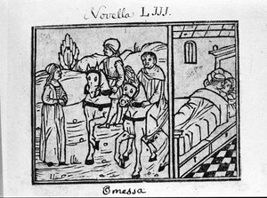 Une femme rencontre deux cavaliers, et a un couple dans une chambre. Illustration pour la nouvelle 53 (Nouvelle 3 du 6e jour) du "Décaméron" par Giovanni Boccaccio dit Jean Boccaccio (1313-1375), écrivain italien. Gravure dans "Decamerone ouer Cento nouell
