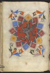 Add. 21965, f.5v Figure héraldique : Un griffon, Statut de la Guilde des tailleurs, de 