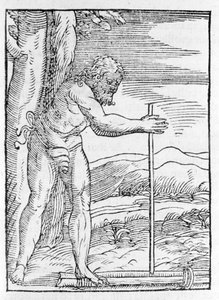 Un Indien Taïnos allumant un feu en frottant deux morceaux de bois. Gravure de « Navigationi et Viaggi » de Giovanni Battista Ramusio (1485-1557), vol. III, Venise 1565. - Italian School