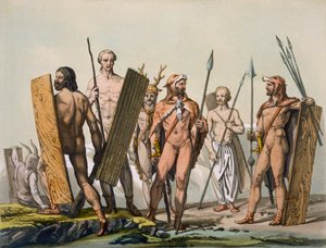 Guerriers celtiques anciens habillés pour la bataille, avec un chaman, vers 1800-18