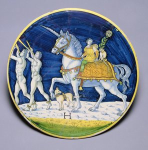 Plat représentant le cheval de César du Triomphe de César, attribué à Jacopo di Pietro, italien, de Caffaggiolo