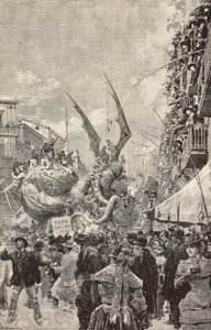 Défilé de chars pendant le dernier jour du Carnaval, Naples, Italie, gravure d