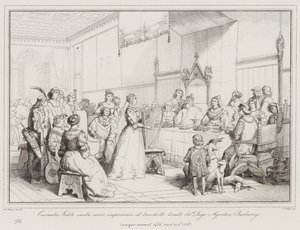 Cassandra Fedele chante des vers improvisés au banquet tenu par le Doge Agostino Barbarigo...