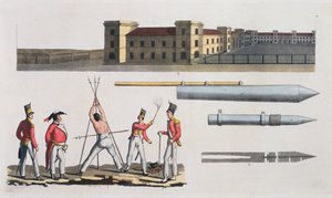 Caserne de Chatham, une punition militaire appelée le Triangle et les fusées Congreve, planche 17 de The History of the Nations - Italian School