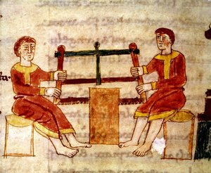 Codex 132 Livre 14 Chap.25 Deux hommes sciant du bois, de De Universo par Raban Maur (c.780-856) 1023
