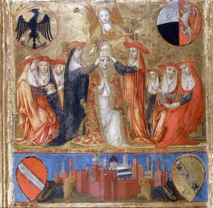 Couronnement de Pie II (Enea Silvio Piccolomini). Pape italien (1458 - 1464). En bas, la ville fortifiée de Sienne. Bicherna (couverture du registre comptable de la ville de Sienne) de 1460. Archives Nationales - Museo delle Tavolette de B - Italian School