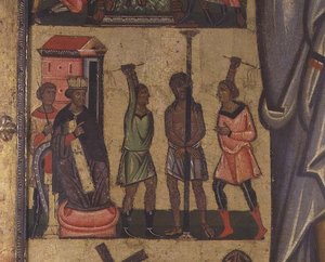 Crucifixion avec histoires de la Passion : (détail) montrant la flagellation du Christ, école de Lucques - Italian School