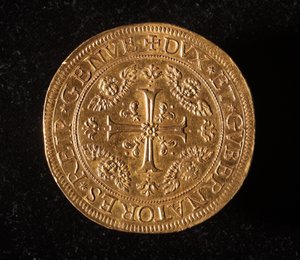 Monnaie de la République de Gênes : pièce de 25 doppie en or. Diam. 52,5 mm. 1694. Recto. Gênes Musei di Strada Nuova (inv. 6457) - Italian School