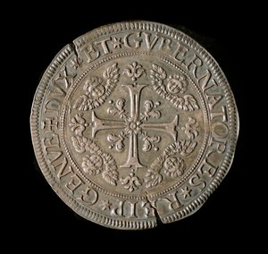 Monnaie de la République de Gênes : ECU large en argent. Diam. 61 mm. 1693. recto. Gênes Musei di Strada Nuova (inv, M7135) - Italian School
