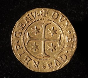 Monnaie de la République de Gênes : pièce de cinq doppie en or. Diam. 41 mm. 1652. recto. Gênes Musei di Strada Nuova