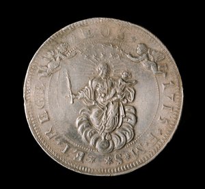 Monnaie de la République de Gênes : pièce de six écus en argent. Diam. 61,5 mm. 1715. Avers. Gênes, musées de la Strada Nuova (inv, M7156)