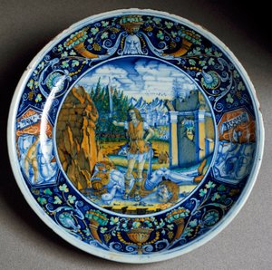 David triomphant de Goliath, assiette en céramique produite à Faenza, Italie. Vers 1507, Florence, Museo Nazionale del Bargello