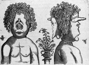 Différents types de monstres humains : visage et face de tête de monstre. Gravure de « De monstrorum natura, causis et differentiis » de Fortunio Liceti (1577-1656), scientifique italien. 1646 - Italian School