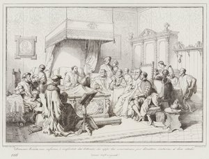 Domenico Veniero, rendu infirme, est réconforté par les lettrés qui le visitent - Italian School
