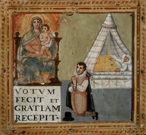 Ex-voto représentant un homme remerciant la Vierge à genoux pour avoir été guéri d