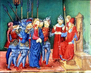 Fol.106v Le Christ est conduit comme prisonnier devant Anas, le grand prêtre