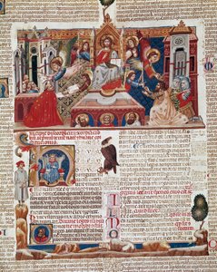 Page de frontispice du manuscrit du « Décret de Gratien » (Concordia discordantium canonum ou Decretum Gratiani) datant de 1140 et régulant les lois et canons de l