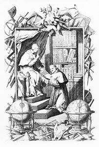 Frontispice de Biblioteca Universale Sacro-Profana, Vol. 1 par Vincenzo Coronelli, gravure réalisée par Alessandro dalla Via, publié en 1701