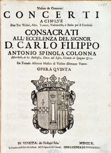 Frontispice de la partition musicale de « Concerti a cinque, opera 5 » par Tomaso Albinoni