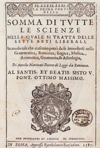 Frontispice tiré de Somma di tutte le scienze, essai sur les arts libéraux, par Aurelio Marinati - Italian School