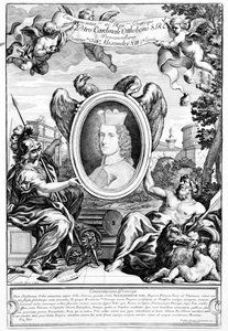 Frontispice de Veteres arcus Augustorum triumphis insignes avec un portrait du cardinal Pietro Ottoboni, gravé par Robert van Audenaerde, 1690