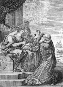 Galileo, astronome (1564 - 1642) présente le télescope aux trois grâces. De sa main droite, il indique la planète Jupiter avec ses satellites découverts par lui-même et dédiés à la famille Médicis. Frontispice de "Opere di Galileo" Bologna - Italian School