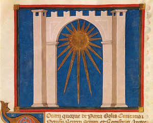 Porte du Soleil, miniature du Registre des Notaires de Pérouse, manuscrit, Italie, 14ème siècle