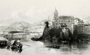 Mur de la marina de Gênes avec la Villa Doria Pamphili en arrière-plan, gravure, vers 1850, Italie - Italian School