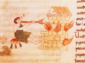 Souffleurs de verre, miniature de "De universo" par Rabano Mauro, manuscrit, Italie 11ème siècle