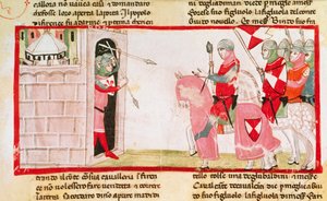 Les Guelfes empêchent les Gibelins de rentrer dans la ville, miniature de la Cronica par Giovanni Villani, manuscrit, Italie XIVe siècle