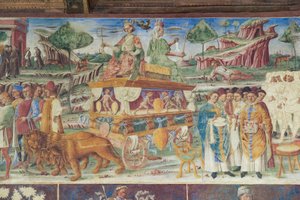 Salle des Mois, Mur Nord: "Juillet" avec le triomphe de Jupiter et Cybèle, vers 1468-70 - Italian School
