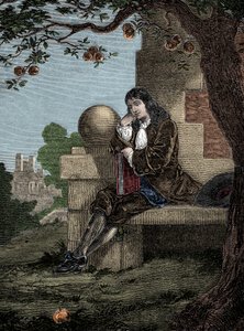 Isaac Newton observant une pomme tomber au sol alors qu