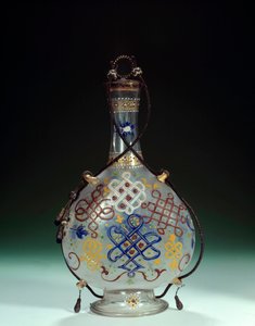 Art italien : bouteille en verre avec décorations polychromes. Fabriquée en Italie. 16ème siècle.